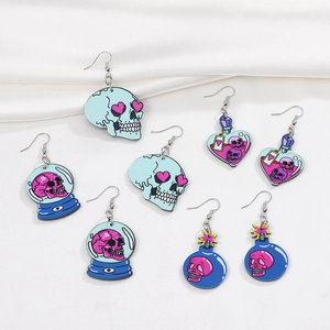 Halloween acrylic earrings set featuring colorful skull, bat, and heart bomb designs