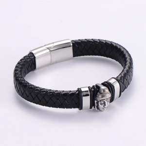 Bracciale Da Uomo In Pelle Intrecciata Con Ciondolo Testa Di Buddha In Acciaio Inossidabile E Chiusura Magnetica