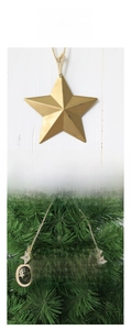 Detail of a Merry Christmas hollow wooden plaque with golden star on festive tree