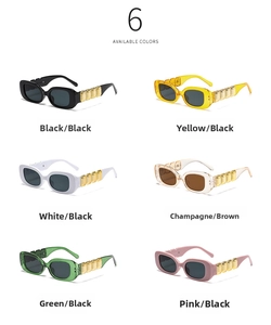 Detailed grid view showcasing six available colors of retro rectangular sunglasses with gold accents