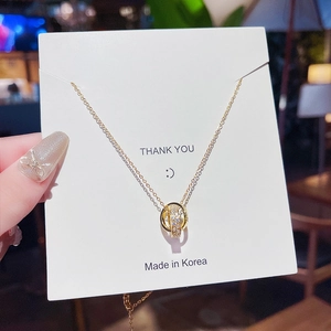 Elegant 18K Gold Plated Titanium Steel Zirconia Pendant Necklace For Women Minimalist Stainless Steel Double Ring Heart Planet Clavicle Chain Jewelry Daily Dating Party Gift