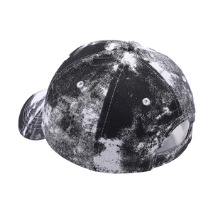 Detail of tie-dye baseball cap featuring marble pattern and adjustable back buckle