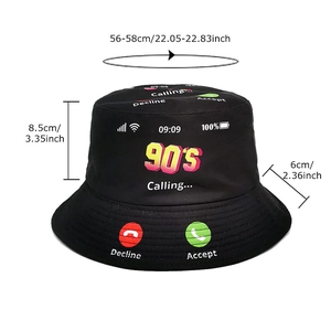 90s Retro calling design black cotton bucket hat for men and women with size details