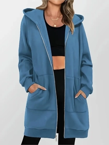 Women's loose casual outdoor hooded longline sweatshirt with zipper and large pockets
