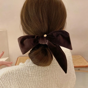 Vintage French Velvet Bow Scrunchie Elastic Hair Tie Large Hairband With Golden Pendant Elegant For Women