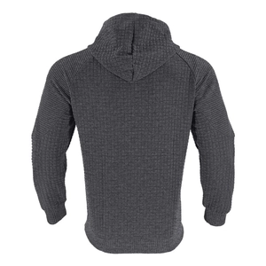 Detailansicht der Waffelstruktur und Rippbündchen am dunkelgrauen Herren Hoodie