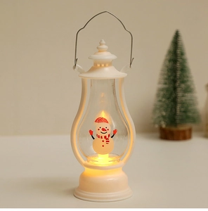 White LED Christmas lantern decoration featuring a snowman figurine and warm yellow light