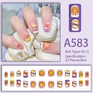 Short coffin press-on nails with cute rainbow and floral graffiti designs, 24pcs set