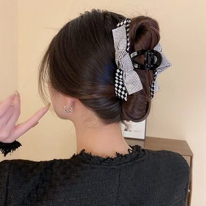 Vintage checkered bow hair claw clip with rhinestones for elegant women hairstyles