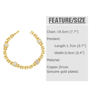 Vue détaillée du bracelet à chaîne plaqué or avec dimensions et zircons clairs