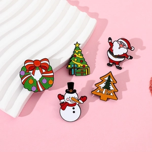 Detailed close-up of 5-piece Christmas enamel brooch set featuring Santa, Snowman, and Trees