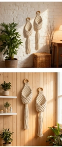 Detailed view of hand-woven macrame wall basket with wooden ring and elegant long fringe
