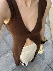 Slim fit long dark brown knit vest with deep V-neck and three buttons for women