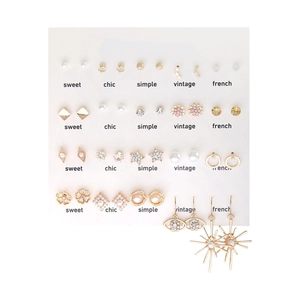 20 pairs of gold earrings set featuring faux pearls, rhinestones, and geometric shapes