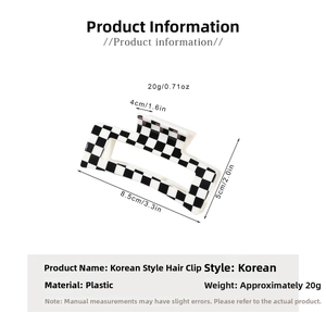 Detailed view showing dimensions of checkered pattern hair claw clip with size annotations