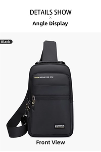 Front detail of black oxford waist bag showing multiple zippers and fashion lettering