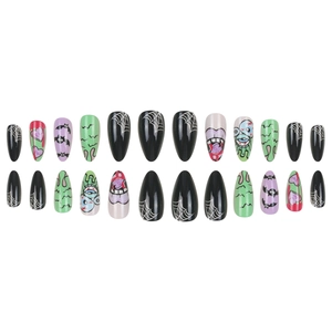 Halloween almond fake nails with purple bats, black spider webs and spooky eye designs