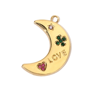 Detail of gold crescent moon pendant with LOVE engraving and colorful inlaid stones