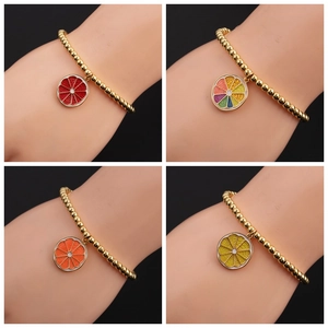 Gold Plated Copper Beaded Bracelet Women Cute Enamel Fruit Slice Orange Lemon Grapefruit Charm Elastic Summer Jewelry