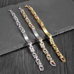 Detailed view of Byzantine titanium steel bracelets in silver, gold, and two-tone finishes