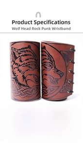 Detail of Viking PU leather bracer with wolf head embossing and adjustable laces