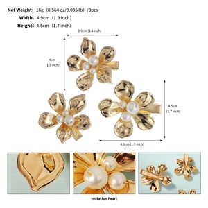 Détails de pinces à cheveux fleurs dorées avec perles d'imitation et mesures de taille