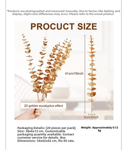 Detail size chart for golden eucalyptus artificial leaves showing 41cm height and 20pcs pack