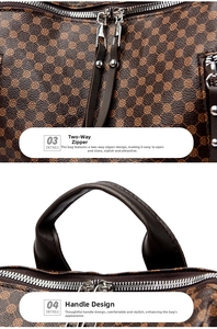 Detail of metal dual-zipper and leather handle on retro floral print backpack