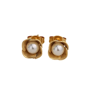 Elegant French vintage gold rose flower stud earrings with white pearl centers for women