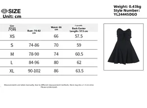 Size chart showing bust and waist measurements for a black strapless bow dress