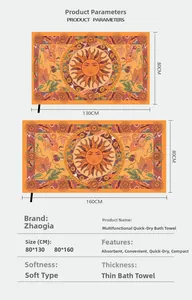 Detail showing bohemian orange sun pattern on microfibre quick-dry beach towel
