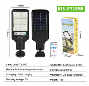 Detailed 72 SMD solar wall light kit with remote control, panel, and packaging display