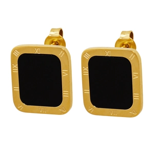 French vintage titanium steel square earrings with Roman numerals and black inlay