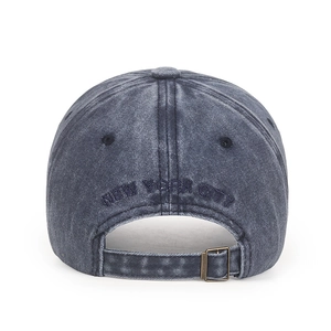 Rear view of vintage washed baseball cap in charcoal gray with New York City embroidery