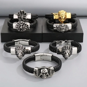 Bracelet En Cuir Tressé Pour Hommes Acier Inoxydable Tête De Lion Serpent Crâne Araignée Charmes Animaux Punk Gothique