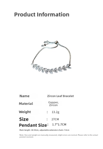 Detail showing the adjustable copper zircon willow leaf bracelet with sliding buckle