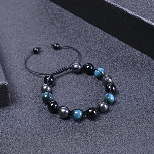 Blaues Tigerauge-Armband mit Hämatit und schwarzen Achatperlen, verstellbares Seil