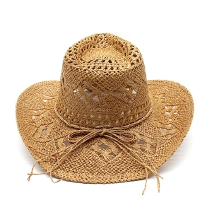 Detail of hand-woven straw cowboy hat featuring hollow knit pattern and side-up brim