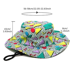 Geometric pattern wide brim bucket hat with colorful Memphis design for sun protection