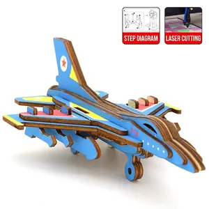 Educational 3D wooden fighter jet puzzle with F-16 design and colorful star decals