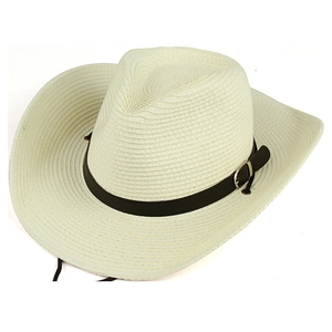Detail of cream straw cowboy hat featuring black leather band and adjustable chin strap