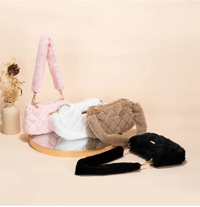 Detailed display of plush quilted underarm bags in pink white khaki and black colors
