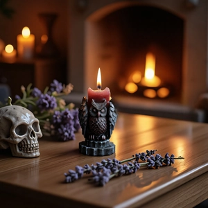 Portavelas de búho gótico con base de engranaje y vela roja en ambiente decorativo