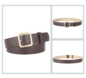 Detailed views of brown leather belt with gold square buckle and fine stitching