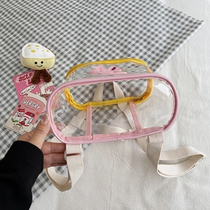 Kids clear PVC jelly backpack with pink and yellow piping and white canvas straps
