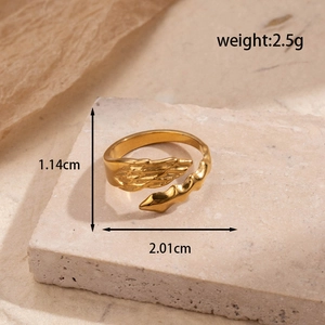 Adjustable golden stainless steel feather open ring with 2.5g weight and textured design
