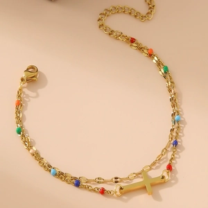 Double-layer 18K gold plated steel bracelet with colorful beads and cross charm
