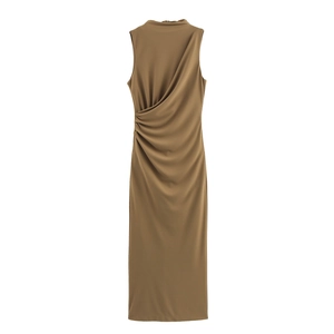 Women Sleeveless Maxi Dress Polyester Ruched Mock Neck Sexy Bodycon High Waist Slim Elegant Evening Party