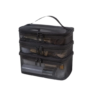 Three-layer black mesh toiletry bag for travel with breathable polyester storage