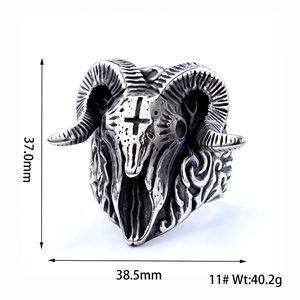 Retro punk goat head skull ring in stainless steel with cross carving and measurements